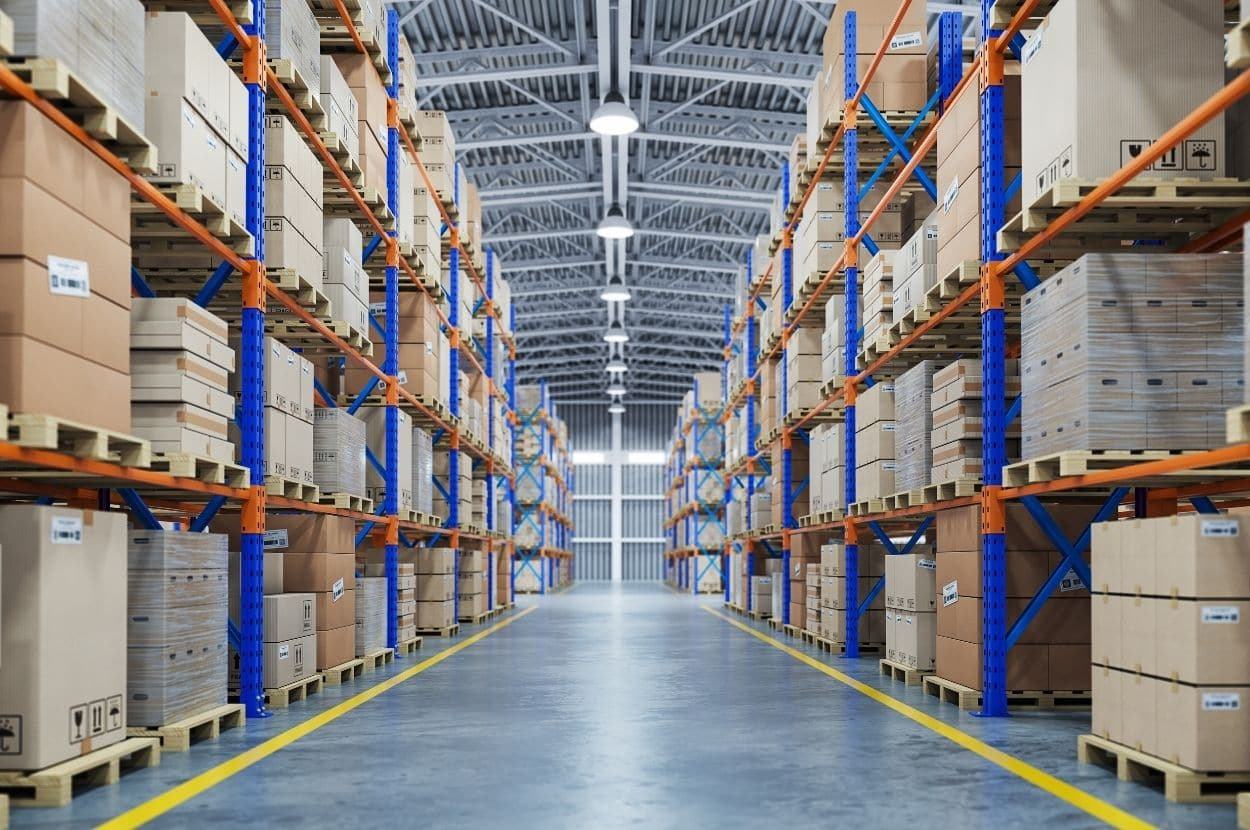 Warehouse shelves with medical supplies